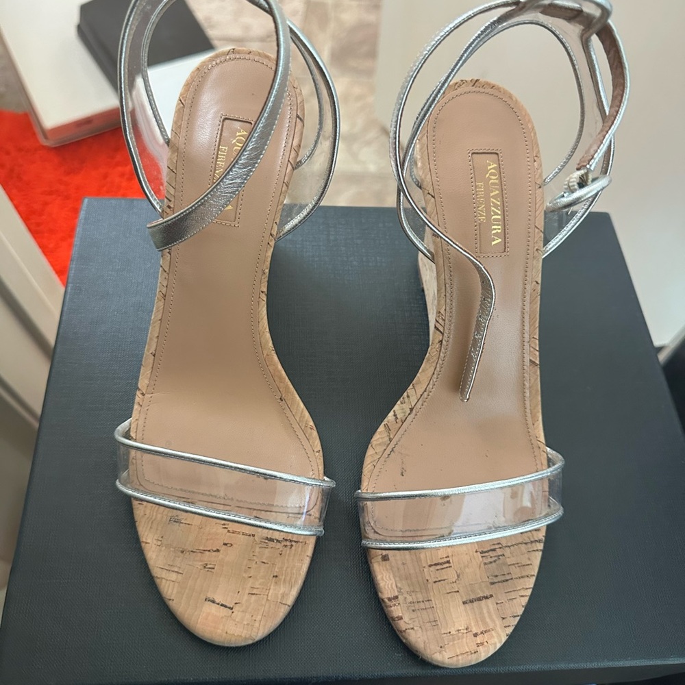 Aquazzura Silver Metallic Cork-Strap Sandals